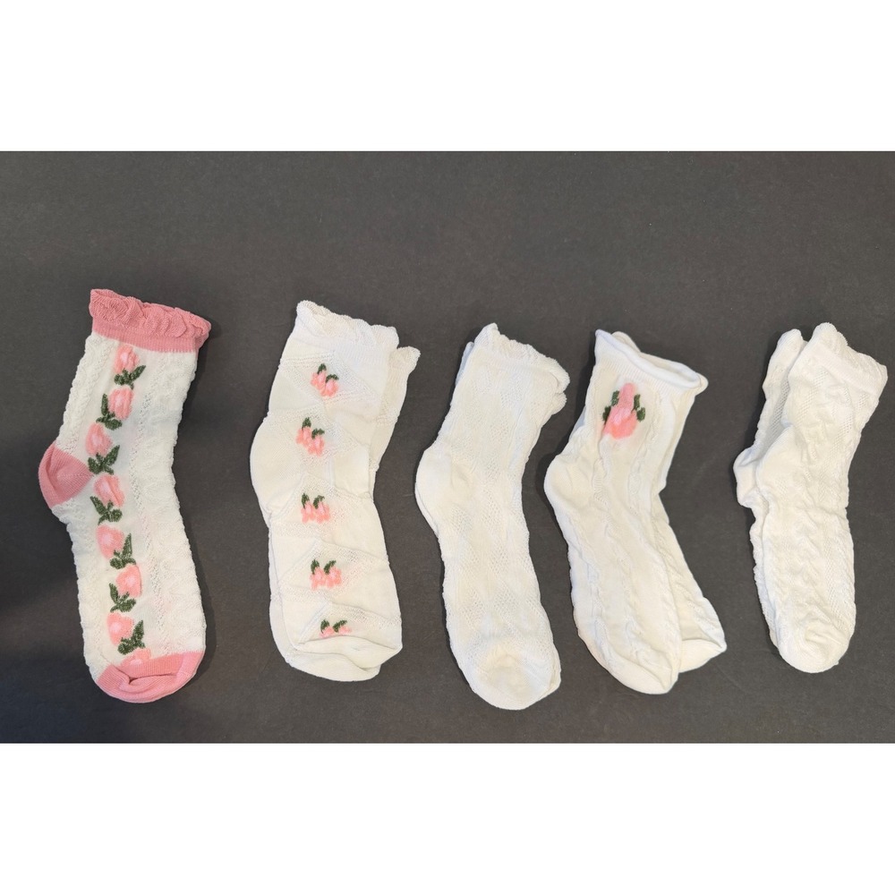 Floral Embroidered Pointelle One Size White Pink  5-Pair Set Crew Socks New